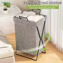 Eco-friendly laundry basket with text on a living room background